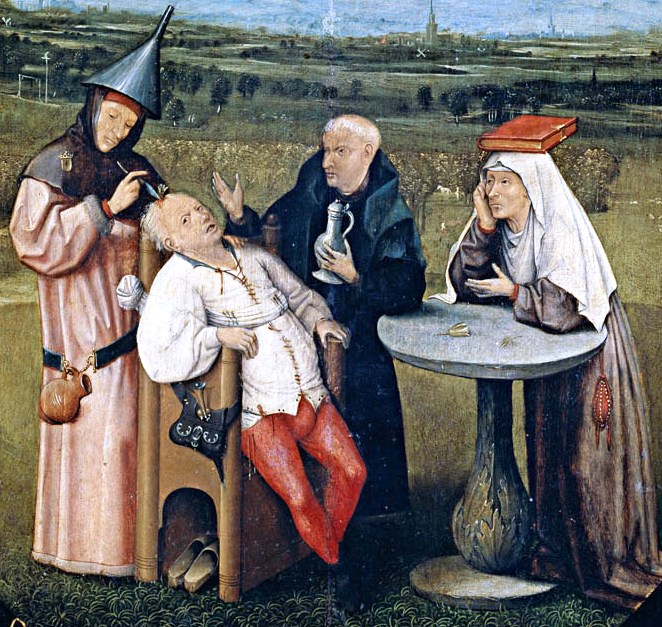 Detail from The Extraction of the Stone of Madness, a painting by Hieronymus Bosch depicting trepanation (c. 1488–1516)